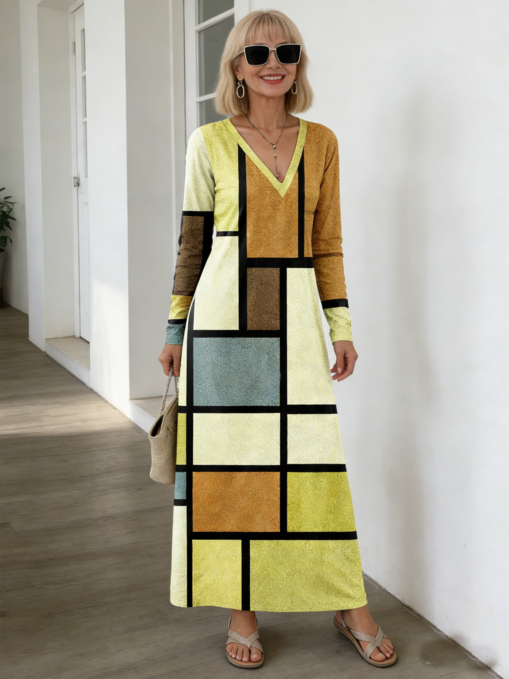 Digital Printing V-neck Long-sleeved Dress