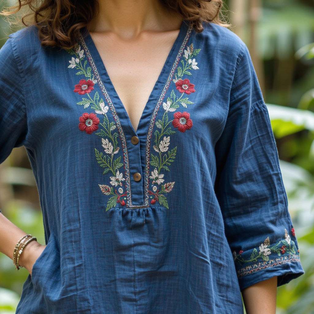 Women's New Casual Embroidery Printed Cotton And Linen Loose Shirt