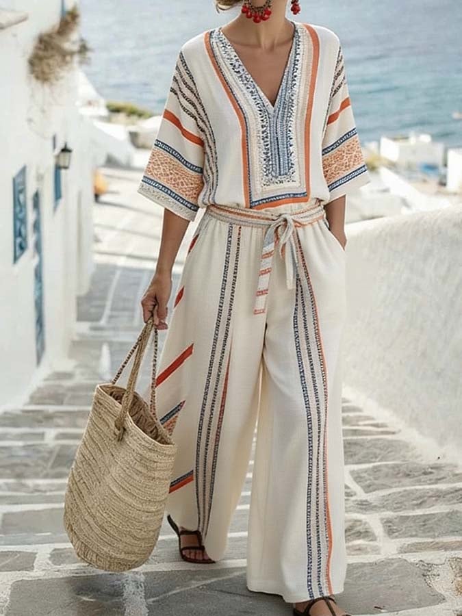 Women'S Casual Striped Color-Block Wide-Leg Pants Set