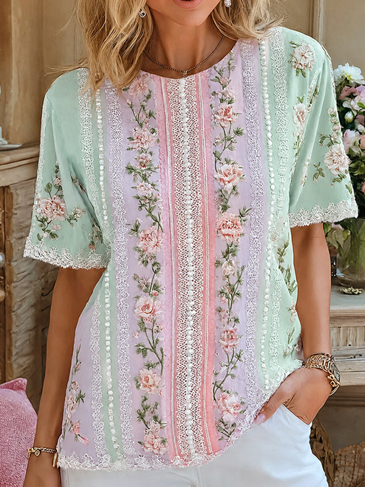 Women's Lace Floral Art Rhinestone Embroidery Color Block Casual Cotton Linen T-shirt