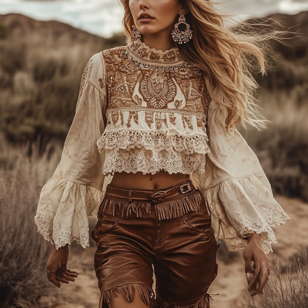 Women's Bohemian Lace Top With Fringed Leather Shorts