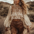 Women's Bohemian Lace Top With Fringed Leather Shorts