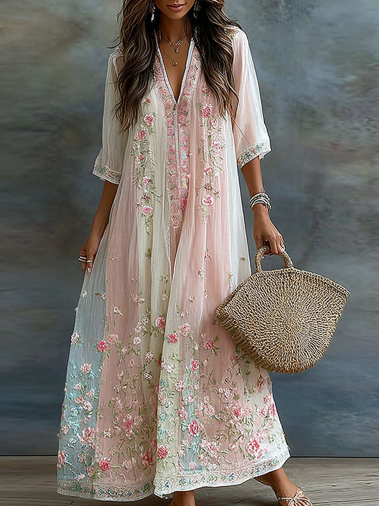 Women's Floral Art Embroidered Linen Blend V Neck Short Sleeve Dress