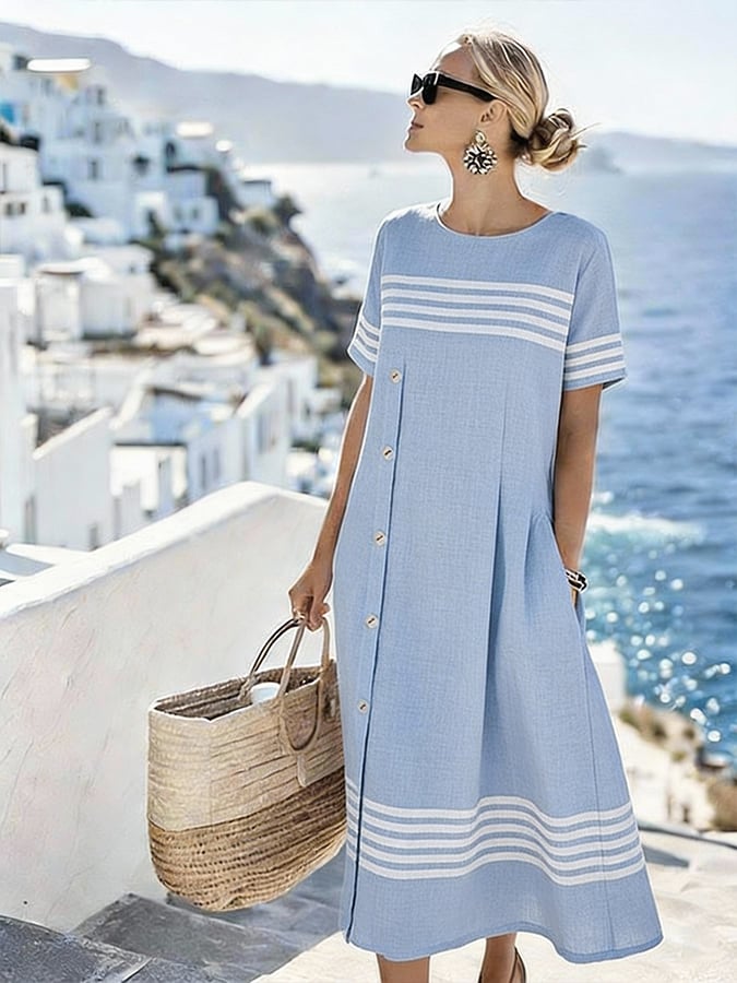 Women'S Casual Color-Block Cotton And Linen Dress