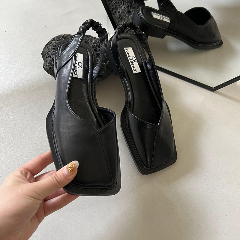 Back Empty Bag Head Sandals Women's Spring and Summer Flat Bottom Wind Square Head Single Shoes French Retro Sandals Outer Wear