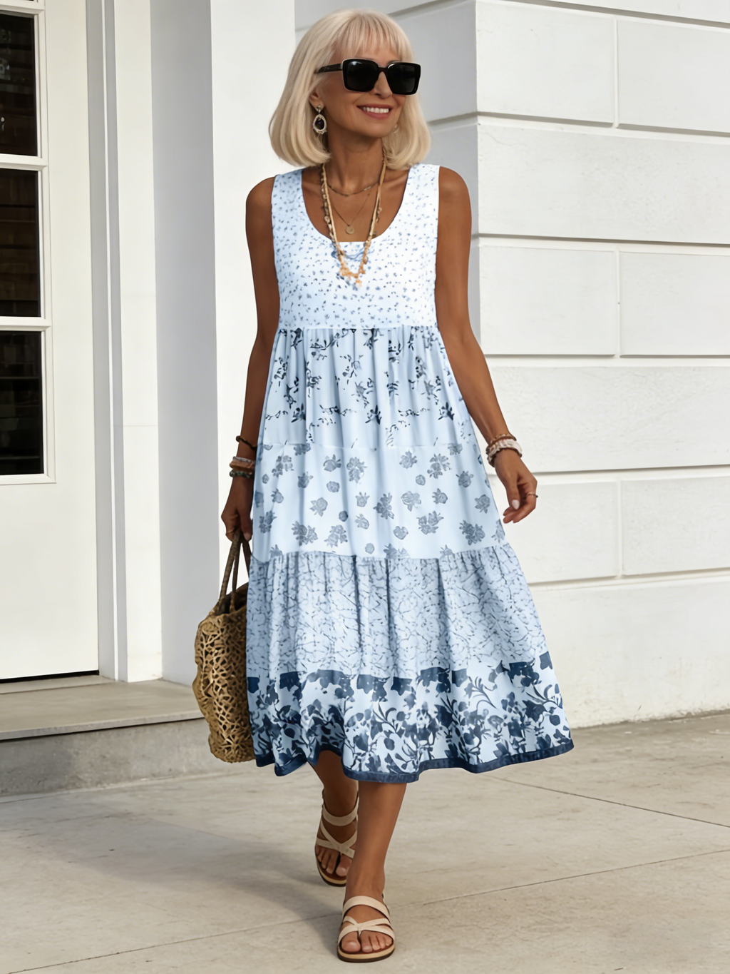Sleeveless Printed Summer Round Neck Dress