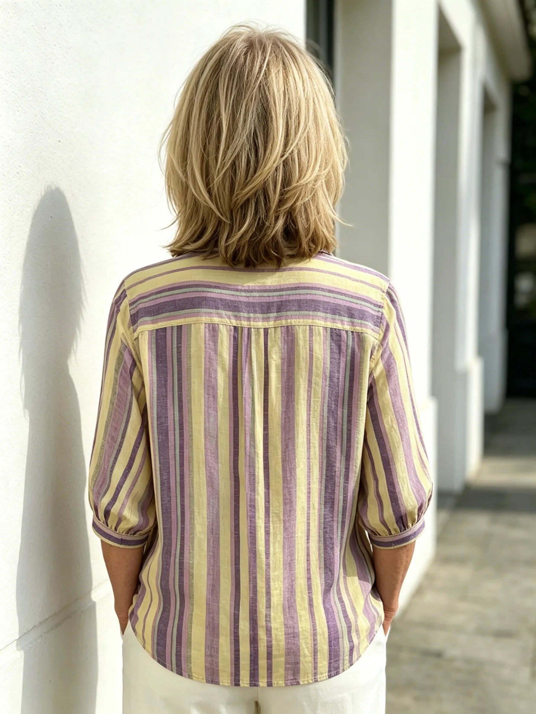 Contrasting Striped Shirt Lapel Single-breasted Medium Sleeve Top Women's Shirt