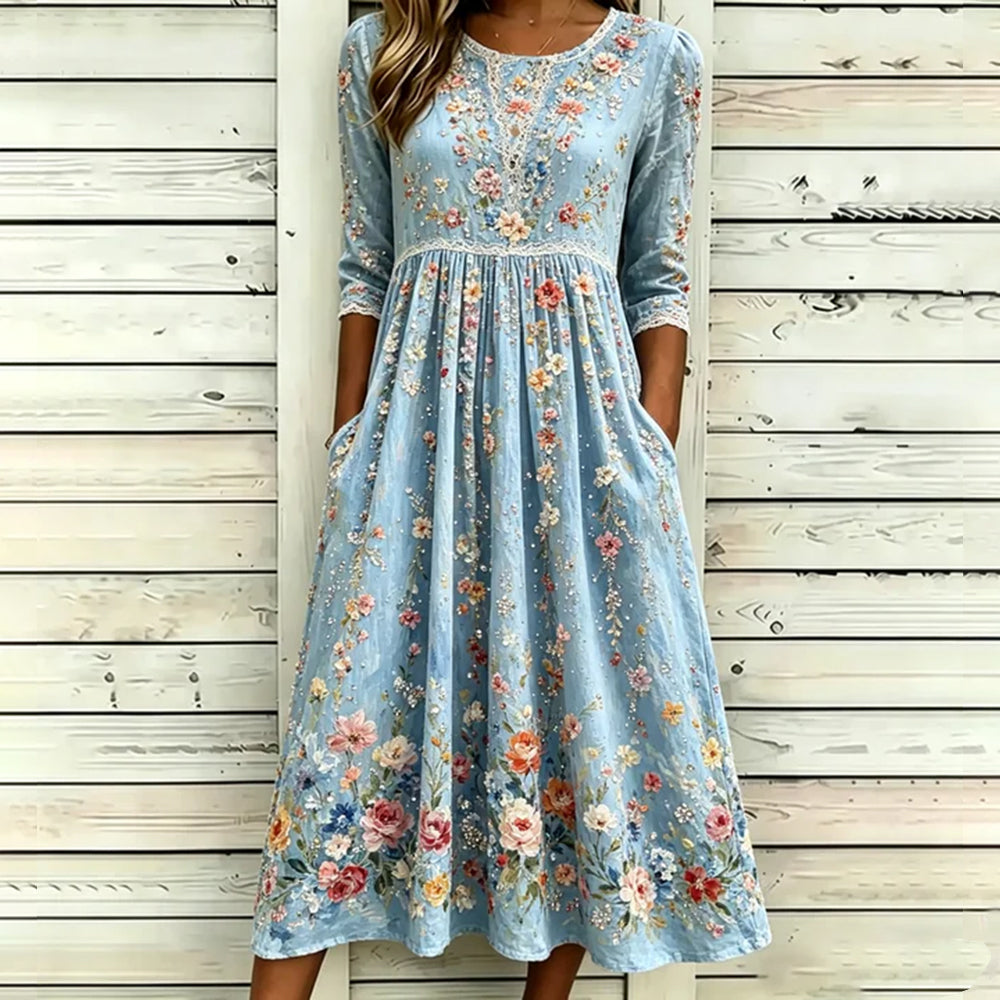 Retro Colorful Floral Art Embroidered Linen Blend Lace Midi Sleeve Dress