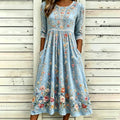 Retro Colorful Floral Art Embroidered Linen Blend Lace Midi Sleeve Dress