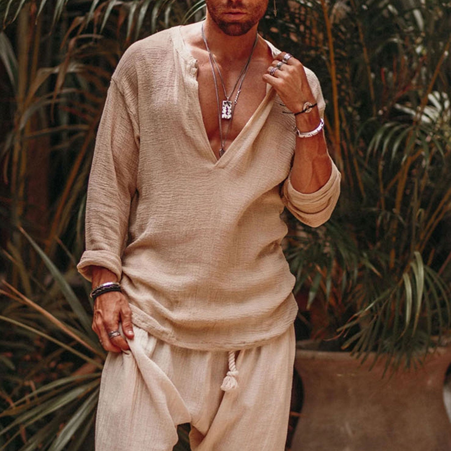 Mens Linen Minimalist Holiday Plain Shirt