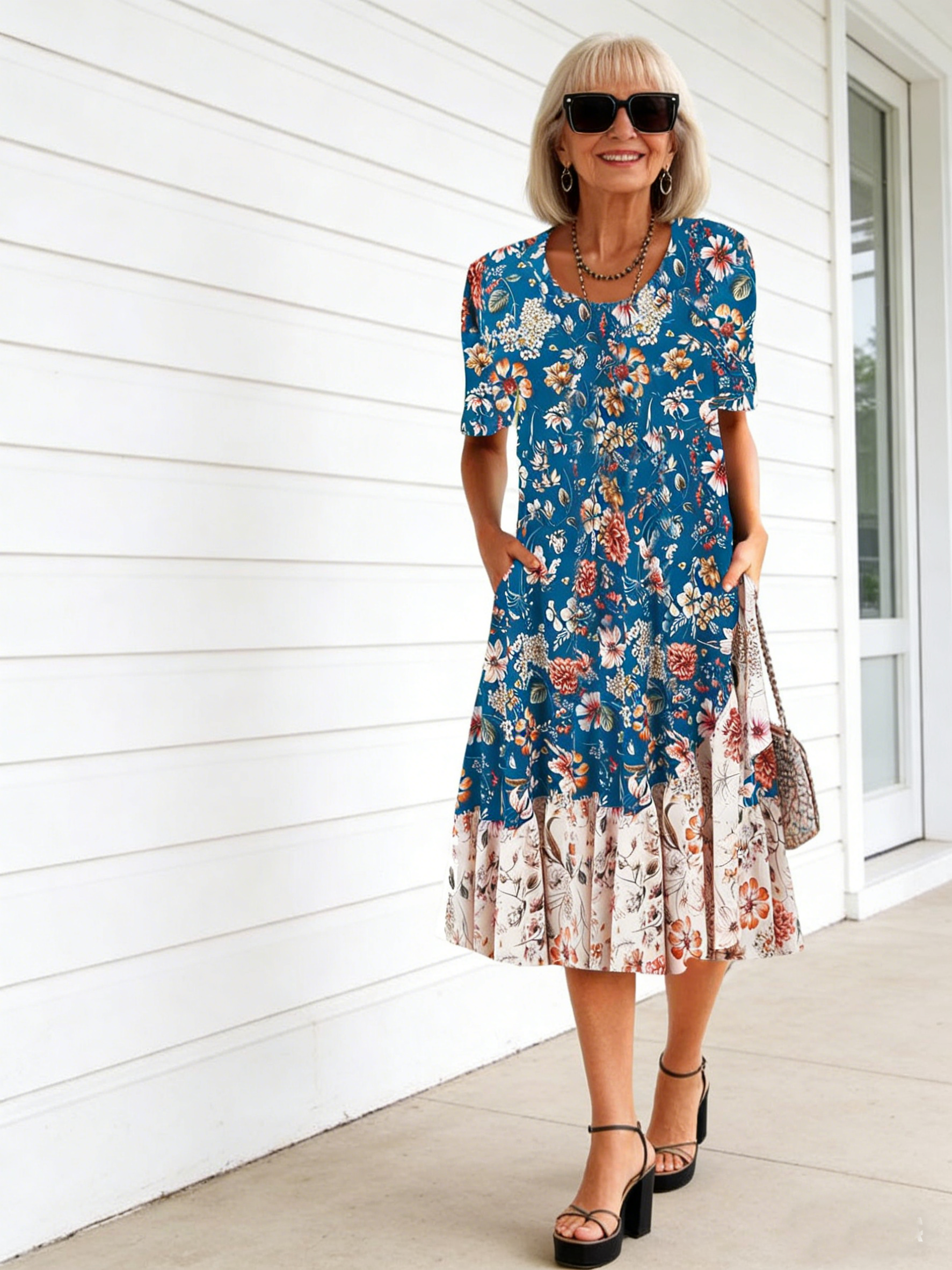 Women's Short Sleeve Scoop Neck Floral Printed Midi Dress With Pockets