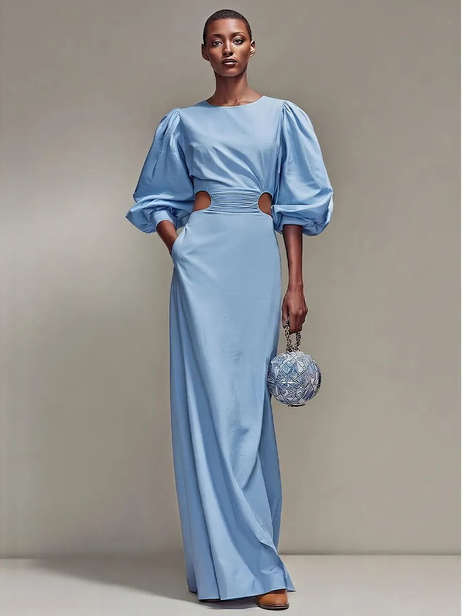 Women’s Sky Blue Satin Round Neck Balloon Sleeve Ruched Waist Cutout Maxi Dress MDZ2467D8T