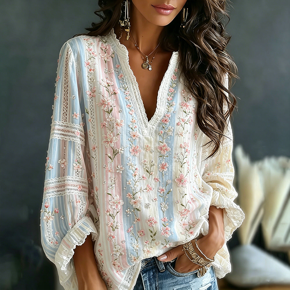 Women's Pink Floral And Lace Art Striped Comfortable Linen Blend Casual Long Sleeve Top