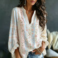 Women's Pink Floral And Lace Art Striped Comfortable Linen Blend Casual Long Sleeve Top