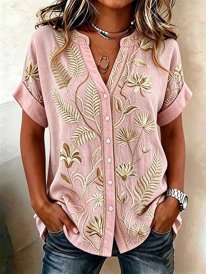 Women's floral cotton and linen shirt