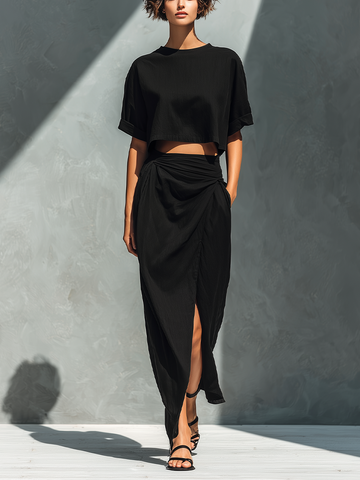 Women’s Black Linen-Blend Cropped T-Shirt & Ruched Wrap Maxi Skirt With Slit Two-Piece Set MDZ2581D0T