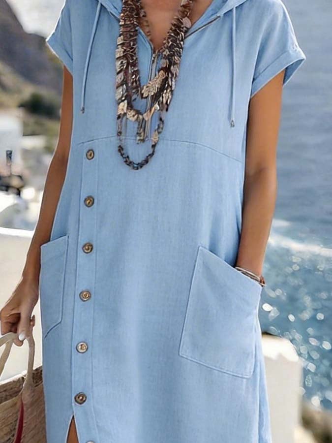 Women'S Casual Button-Down Slit Hooded Dress