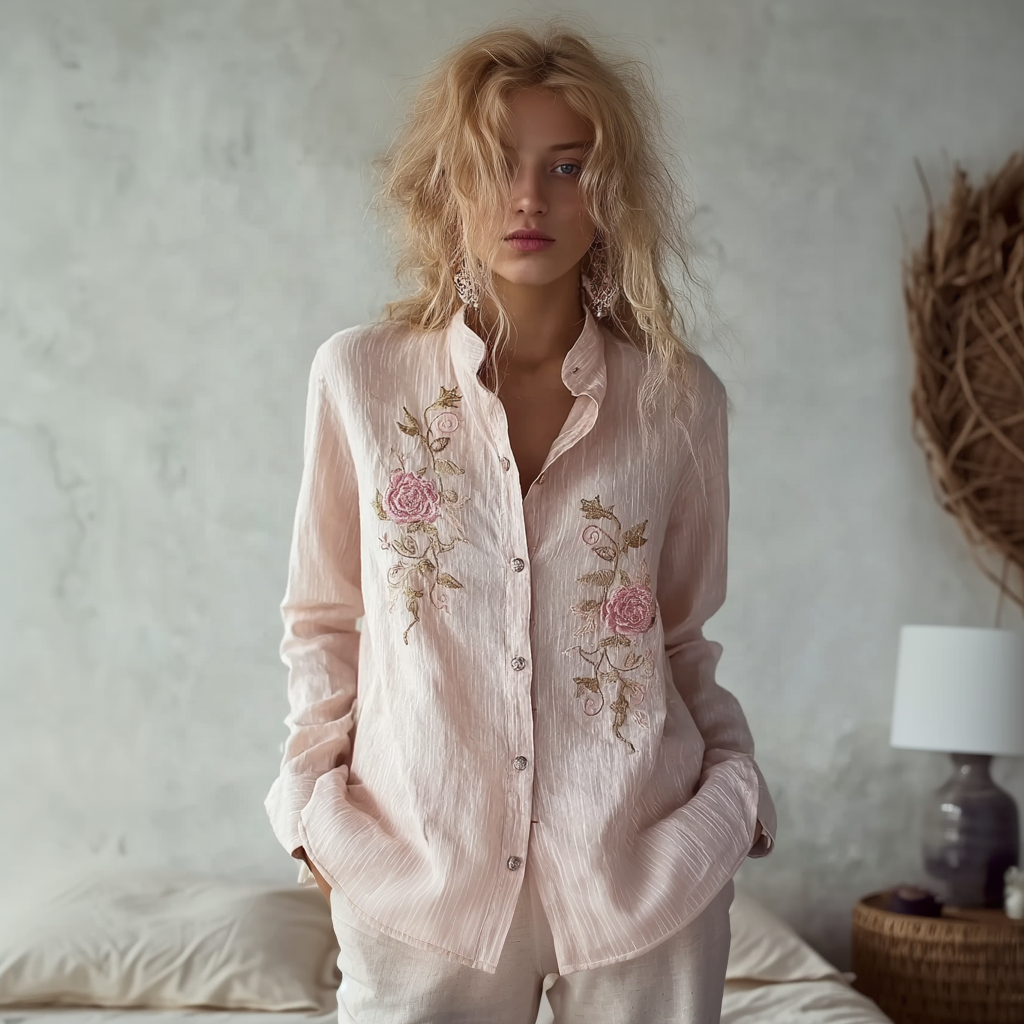 Light Pink Rose Embroidery Pattern Women's Casual Linen Long-sleeve Shirt