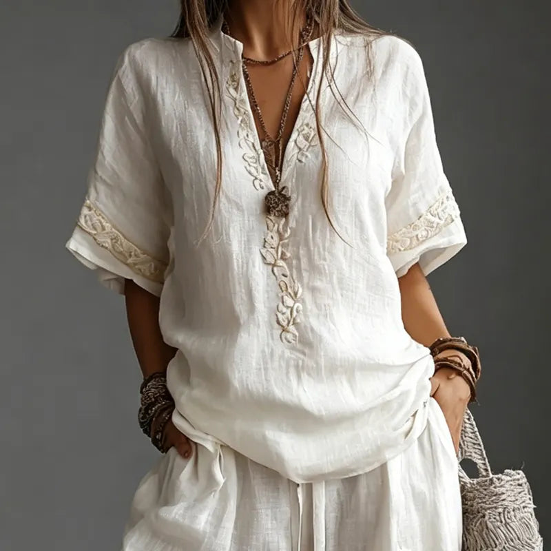 Women's Vintage Japanese Floral Art Linen Blend Shirt