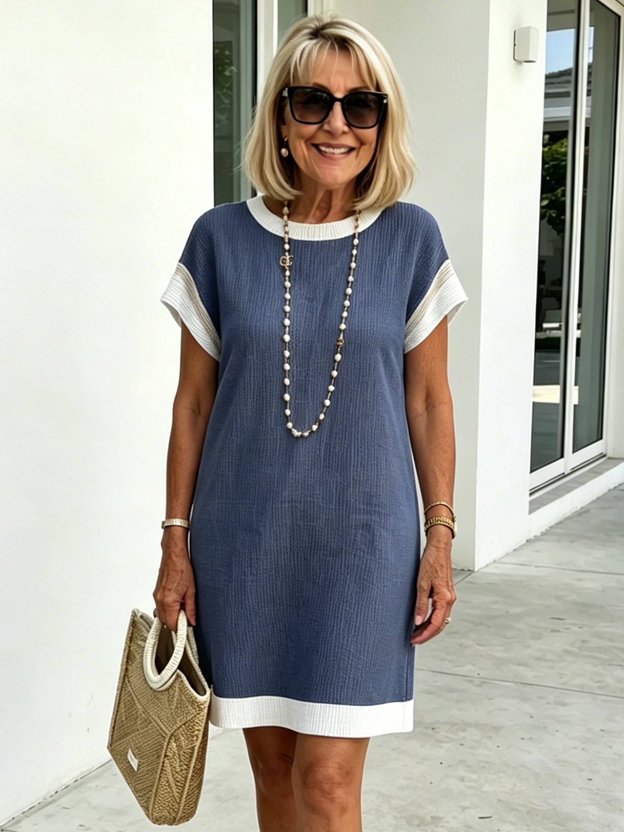 Textured Fabric Casual Contrast Twist Strip Short Sleeve Pocket Dress