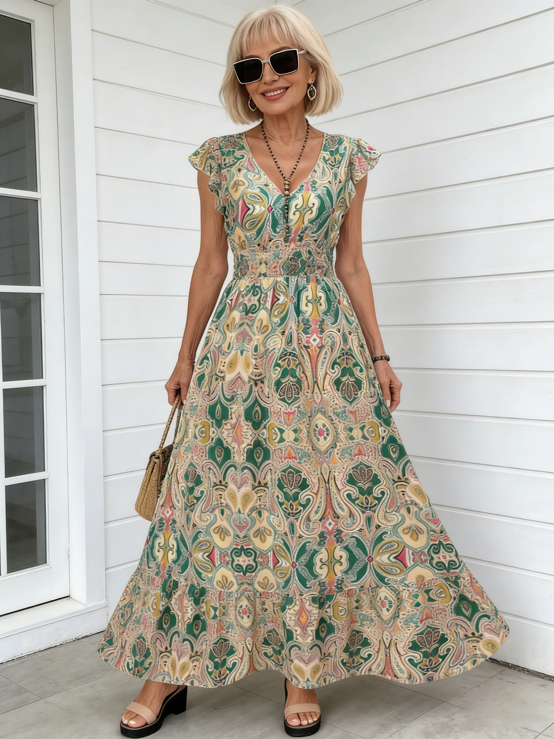 Boho Printed V-neck Ruffle Edge Long Dress