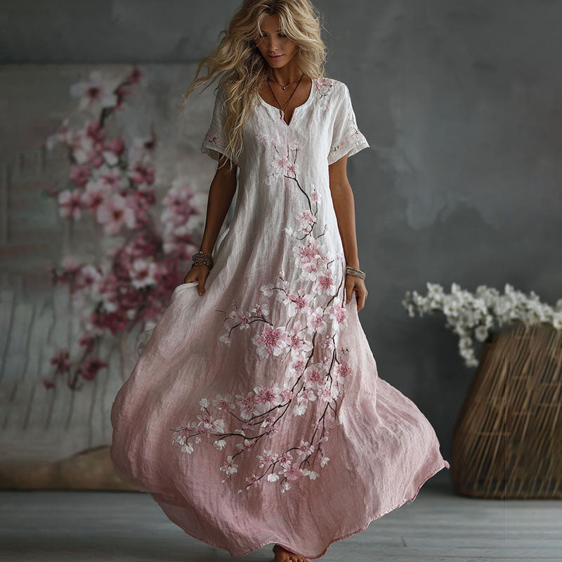 Women's Exquisitely Embroidered Floral Ombre Print Art Linen Dress