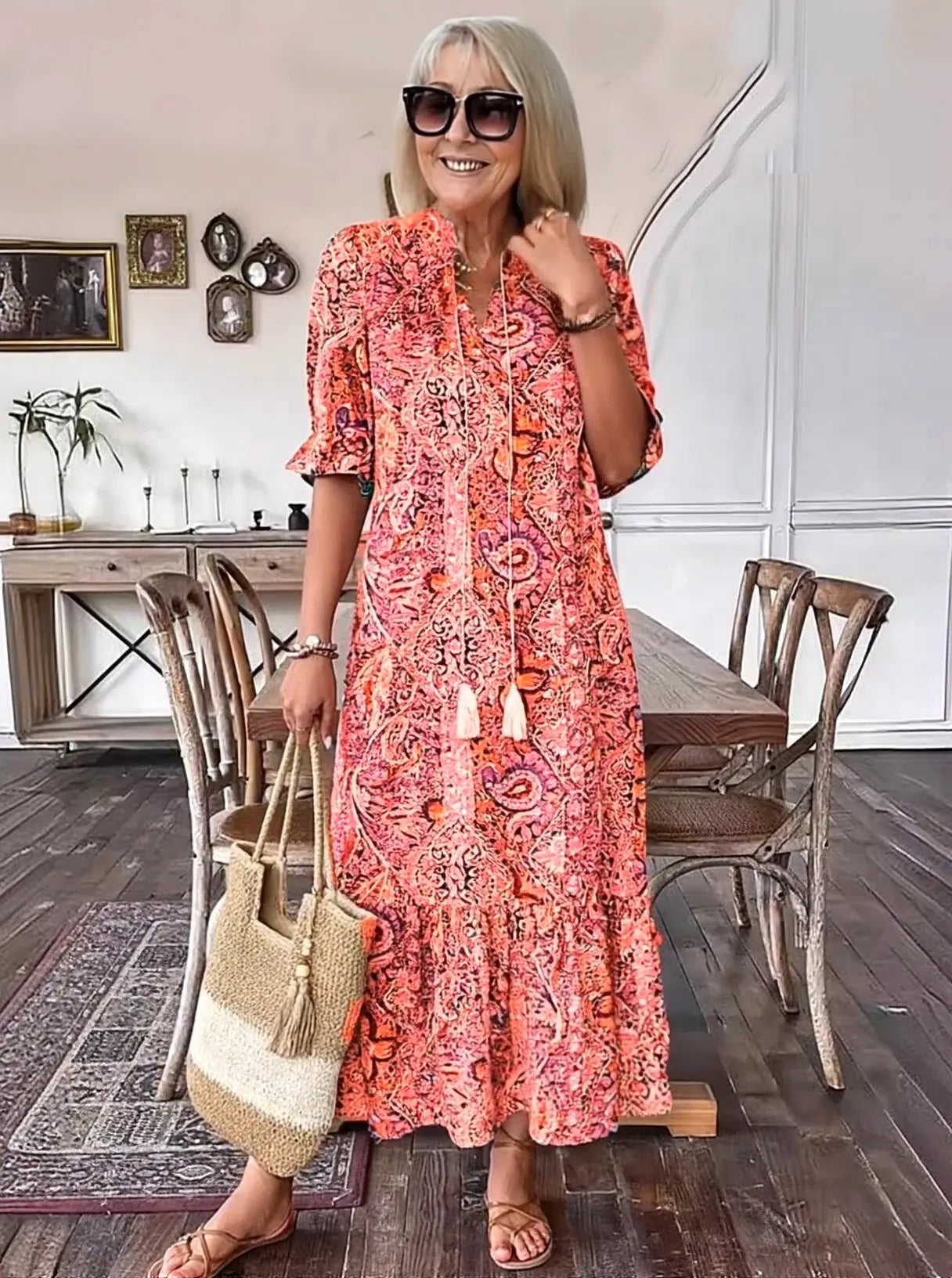 Vacation DRESS Paisley Bohemian Long Length Vintage Print Tassel Tie Neck Tunic Dress - Elegant Vacation Style with Drawstring, Ruffle Hem, and Random Printing