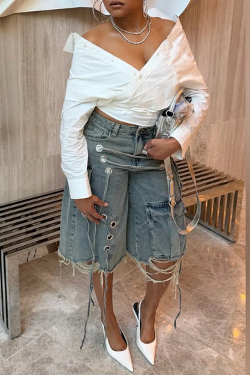 Off‐Shoulder Wrap Shirt & Denim Cargo Knee Shorts Outfit