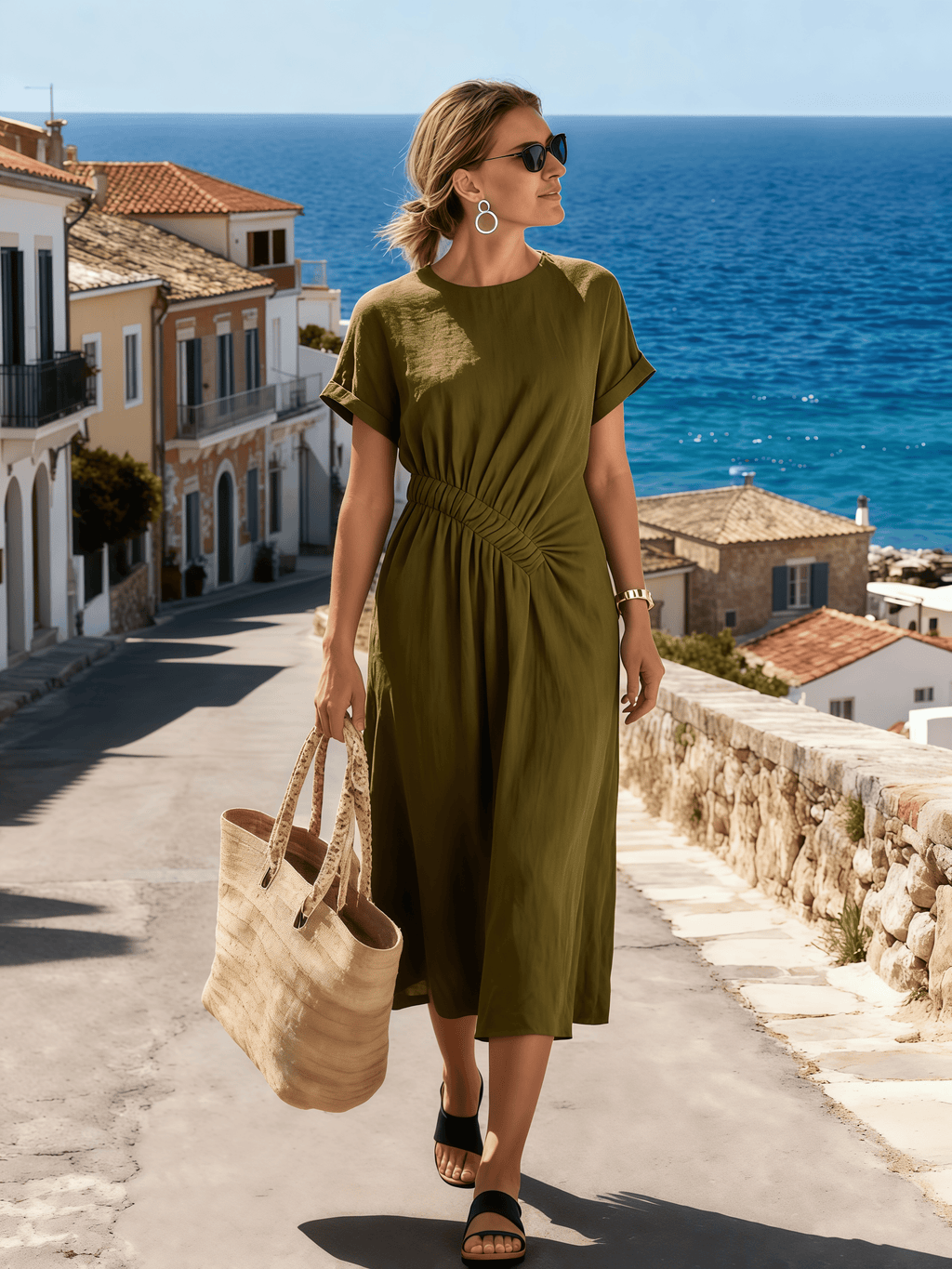 Women's Round Neck Pleated Short-Sleeved Casual Dress