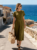 Women's Round Neck Pleated Short-Sleeved Casual Dress