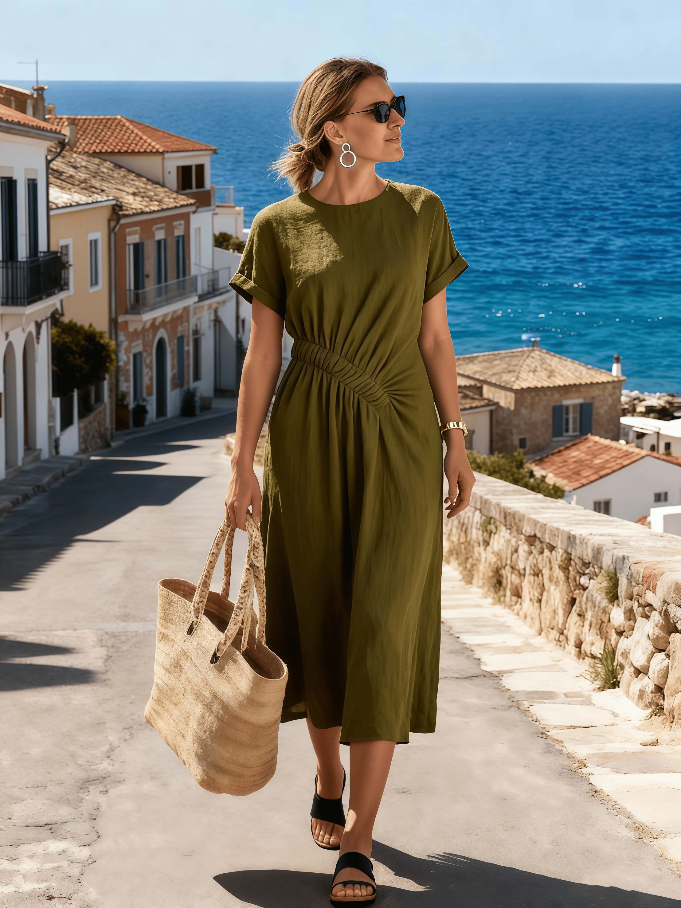 Women's Round Neck Pleated Short-Sleeved Casual Dress
