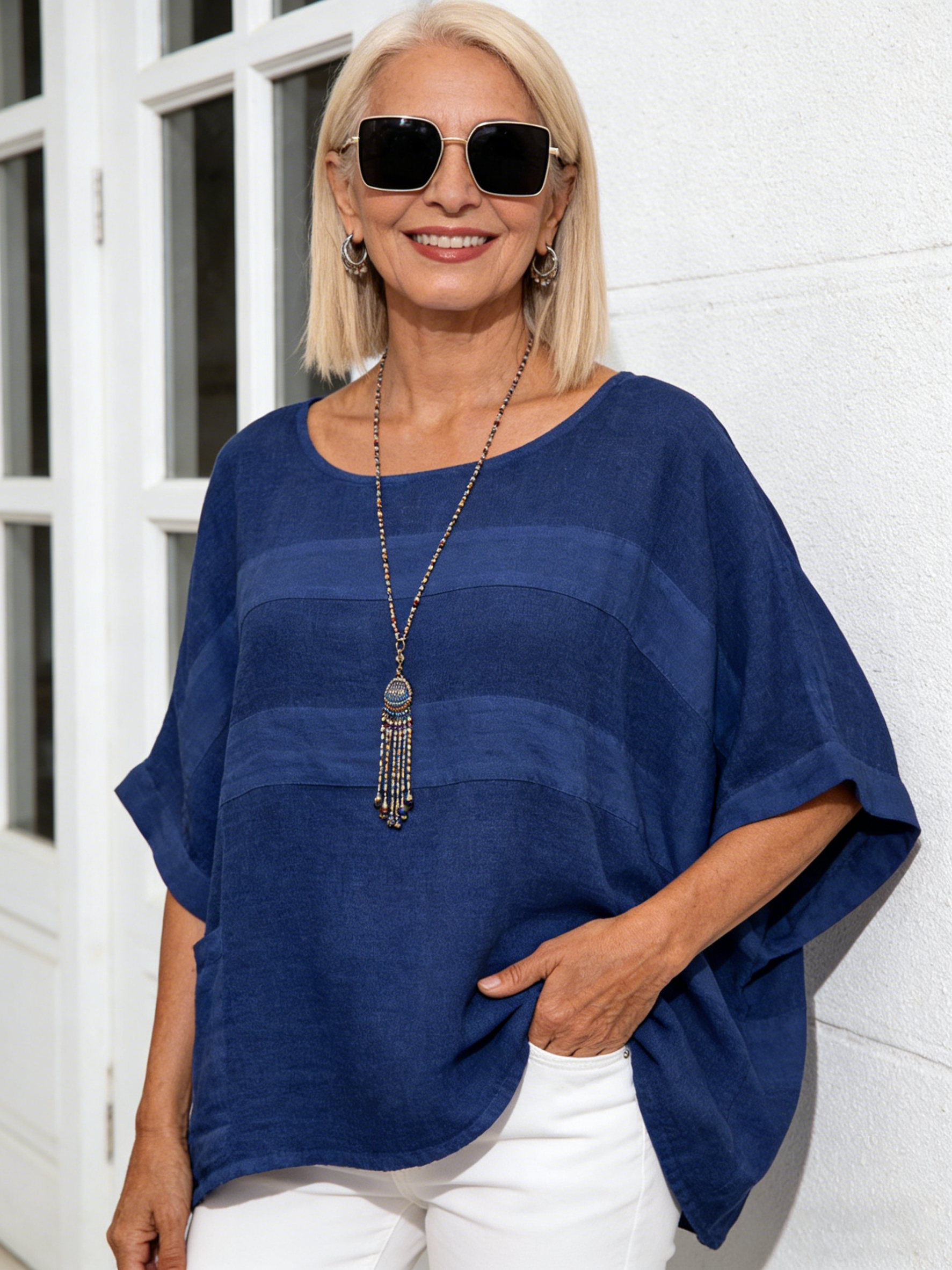 Linen Women's Crew Neck Seven-quarter Sleeve Casual Loose Top