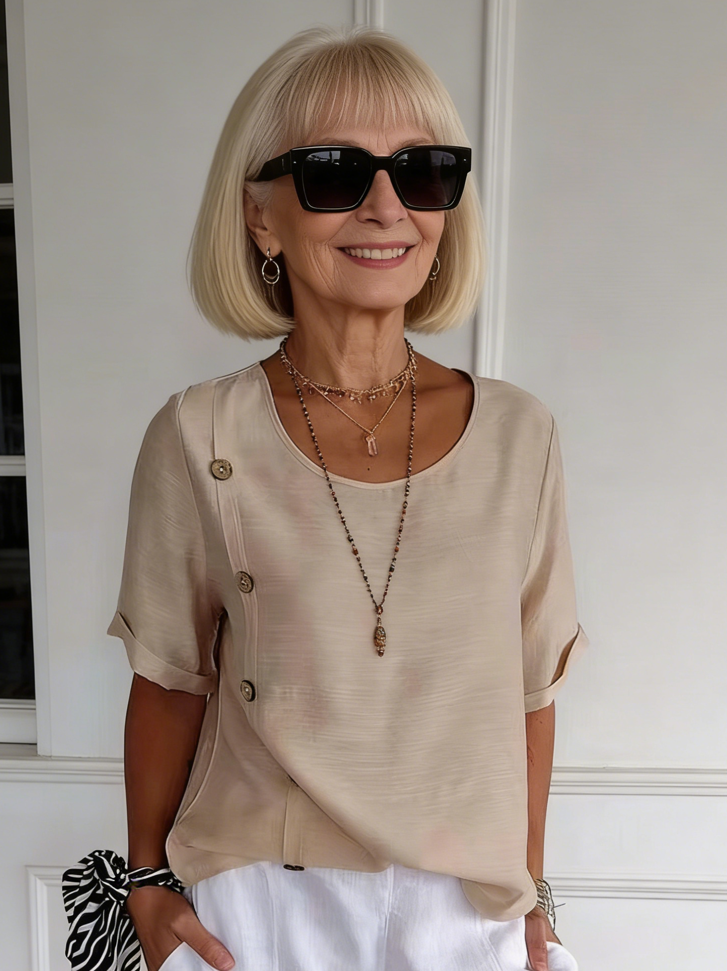 Vibrant Solid Color Chic Button Decor Blouse - Women's Vintage Half Sleeve Simple Blouse for Spring & Fall - Elegant Clothing for Ladies with Classic Style