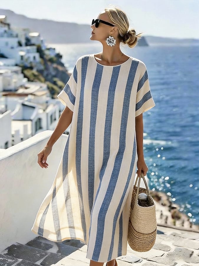 Women'S Casual Round-Neck Striped Vacation Dress