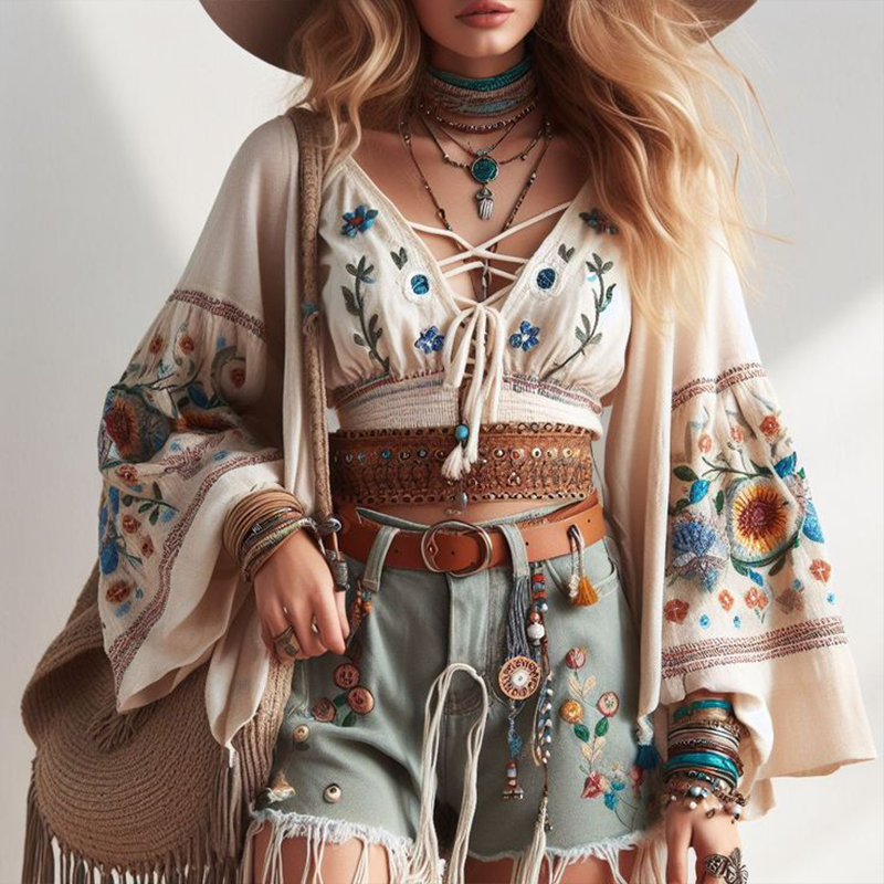 Women's Loose Shoulder Casual Bohemian Style Aztek Embroidery Outfit Fashion Tether Top Cardigan