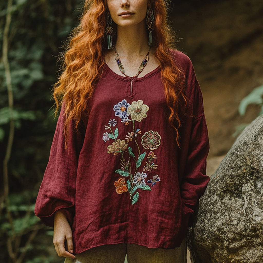 Bohemian Holiday Style Vintage Embroidered Print Casual Long-sleeved Top