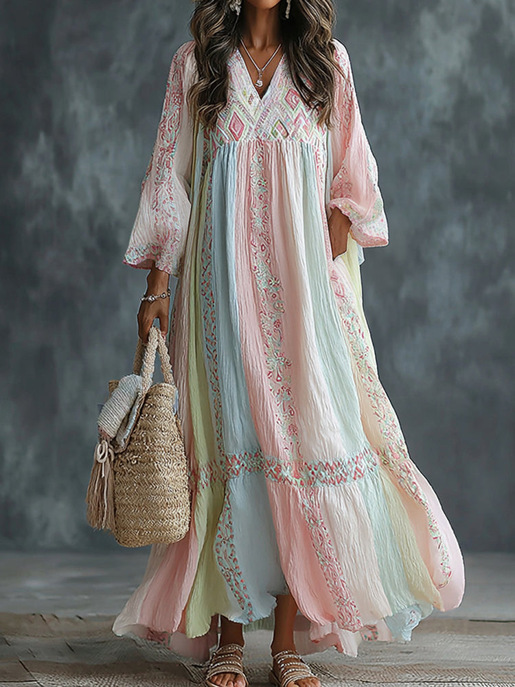 Women's Floral Art Embroidered Linen Blend V Neck Long Sleeve Dress