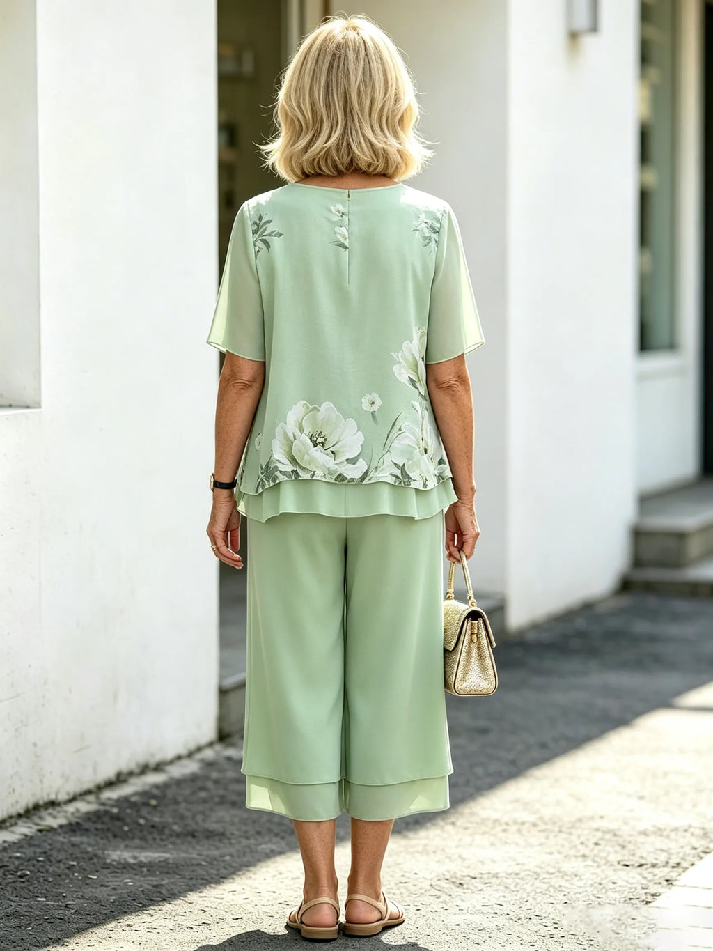 Light Blue Floral Chiffon 2 Piece Outfit, Round Neck Short Sleeve Print Top & Layered Culottes Set for Mature Women