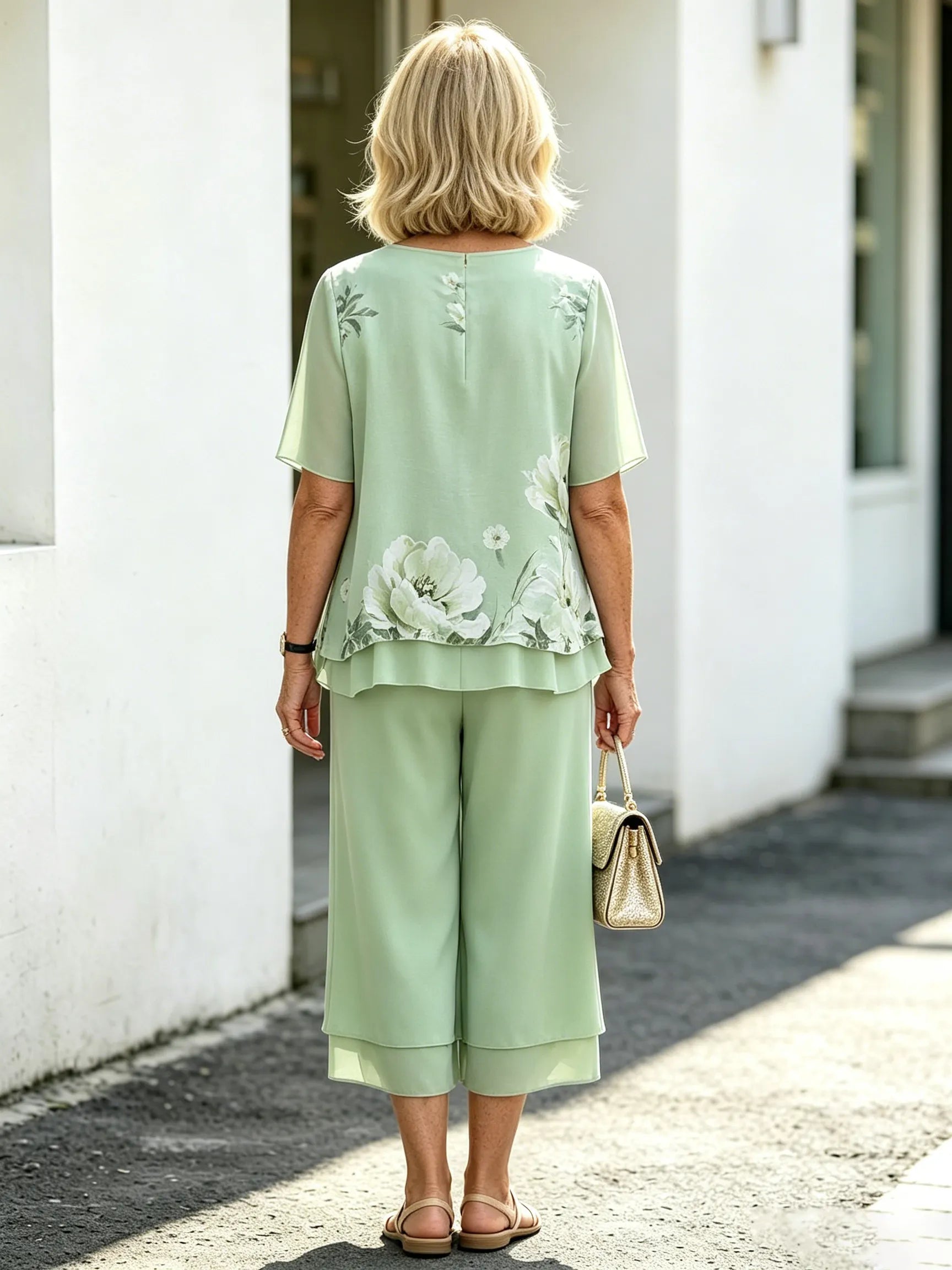 Light Blue Floral Chiffon 2 Piece Outfit, Round Neck Short Sleeve Print Top & Layered Culottes Set for Mature Women