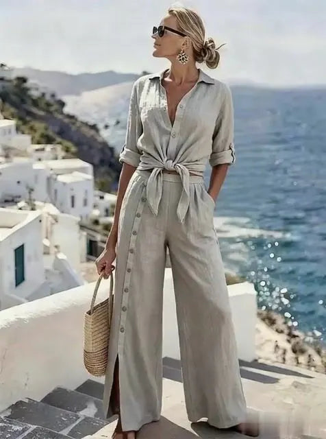 Women'S Casual Solid-Color Shirt And Button-Up Pants Set
