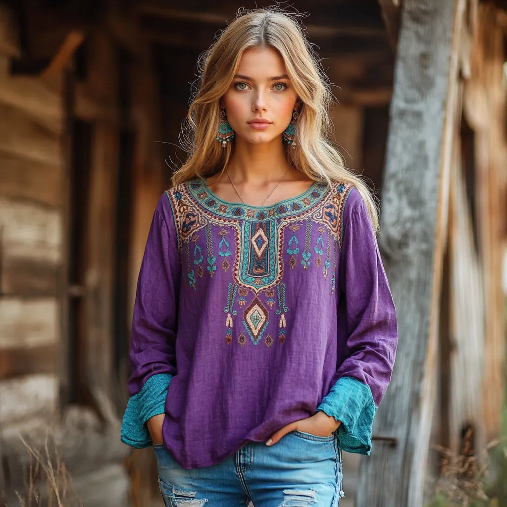 Vintage Bohemian Tribal Art Embroidery Print Cotton And Linen Round Neck Loose Shirt