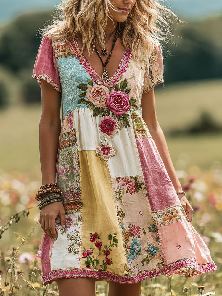 Women's Vintage Rose Floral Patch Linen Short Dress