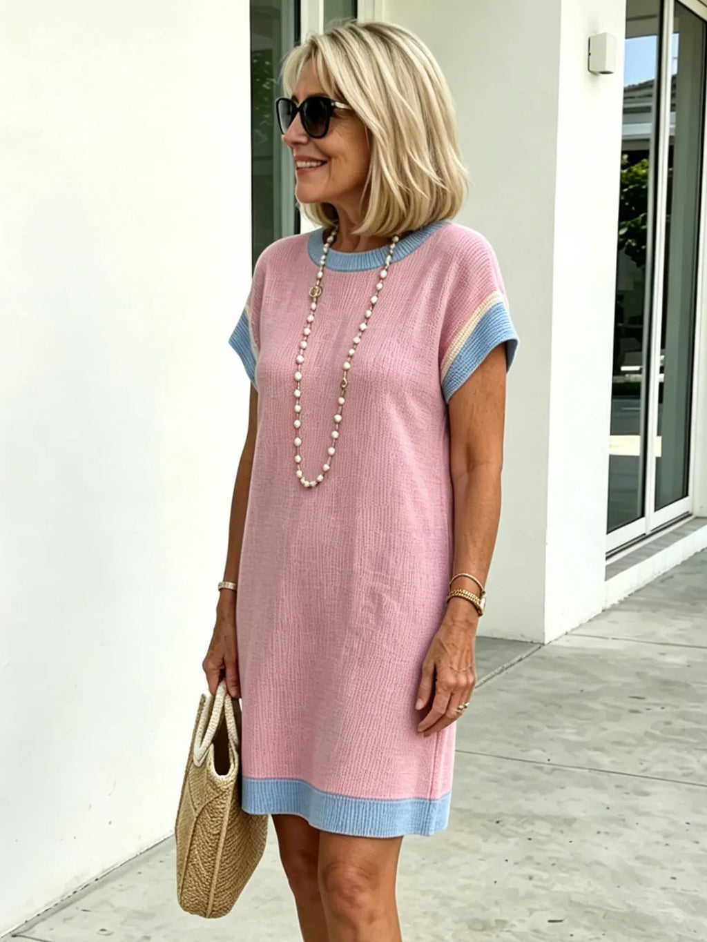 Textured Fabric Casual Contrast Twist Strip Short Sleeve Pocket Dress
