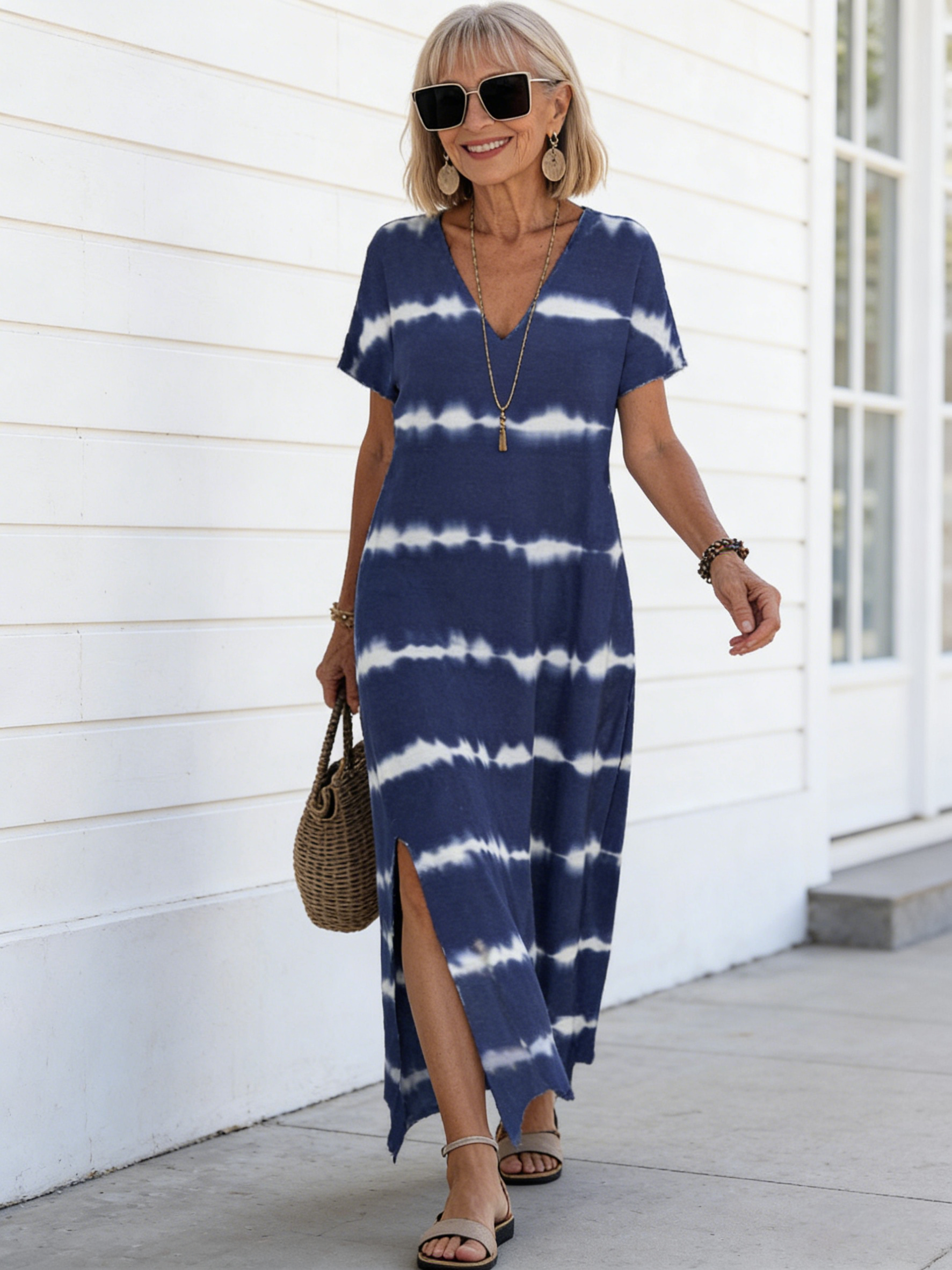 Tie Dye V-neck Dress, Elegant Split Short Sleeve Dress For Spring & Summer, Women's Clothing