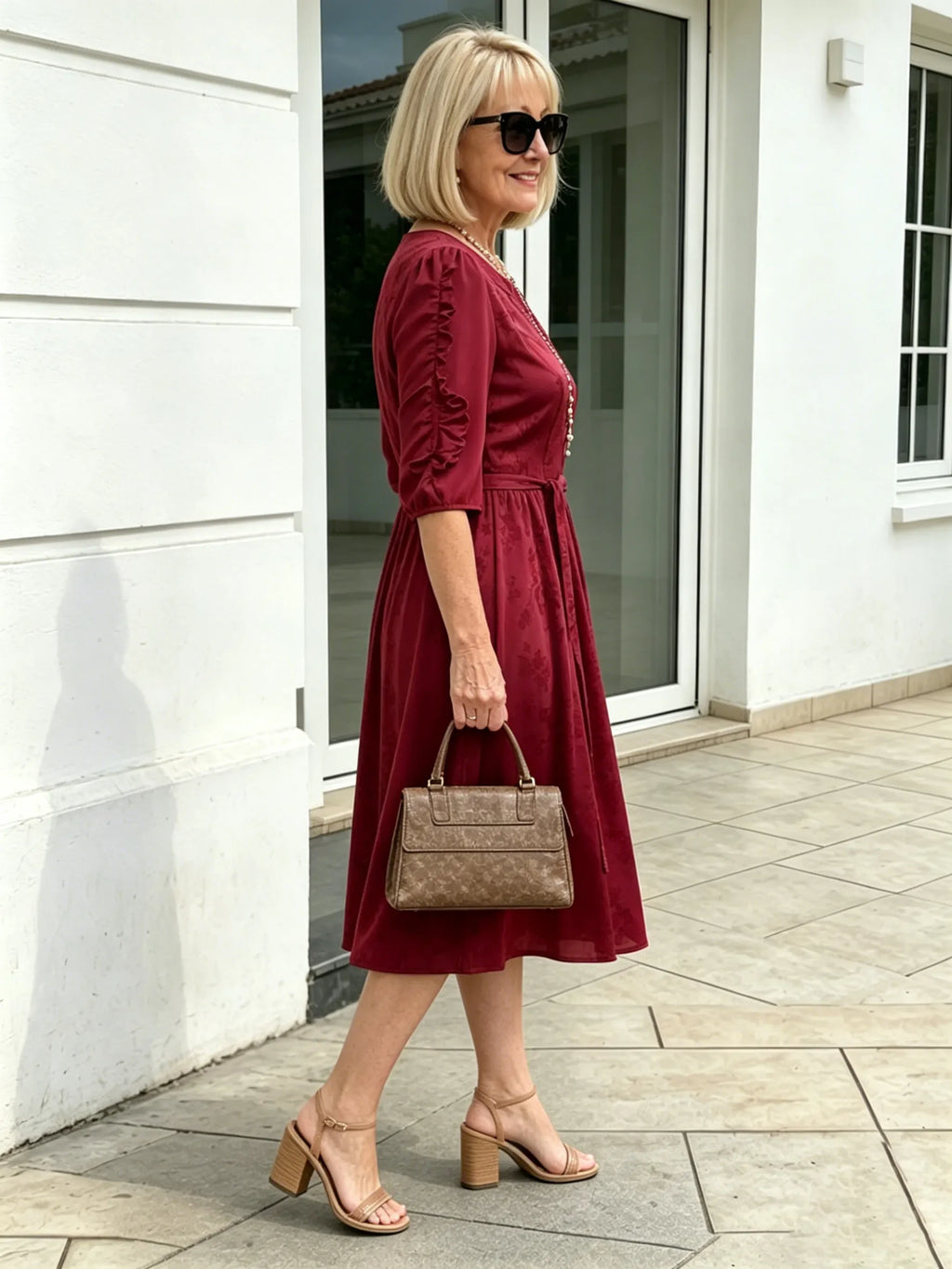 Coffee Brown Floral Print Midi Dress, Split Neck Button Front Ruffle 3/4 Sleeve Tie Waist Slimming Dress for Mature Women