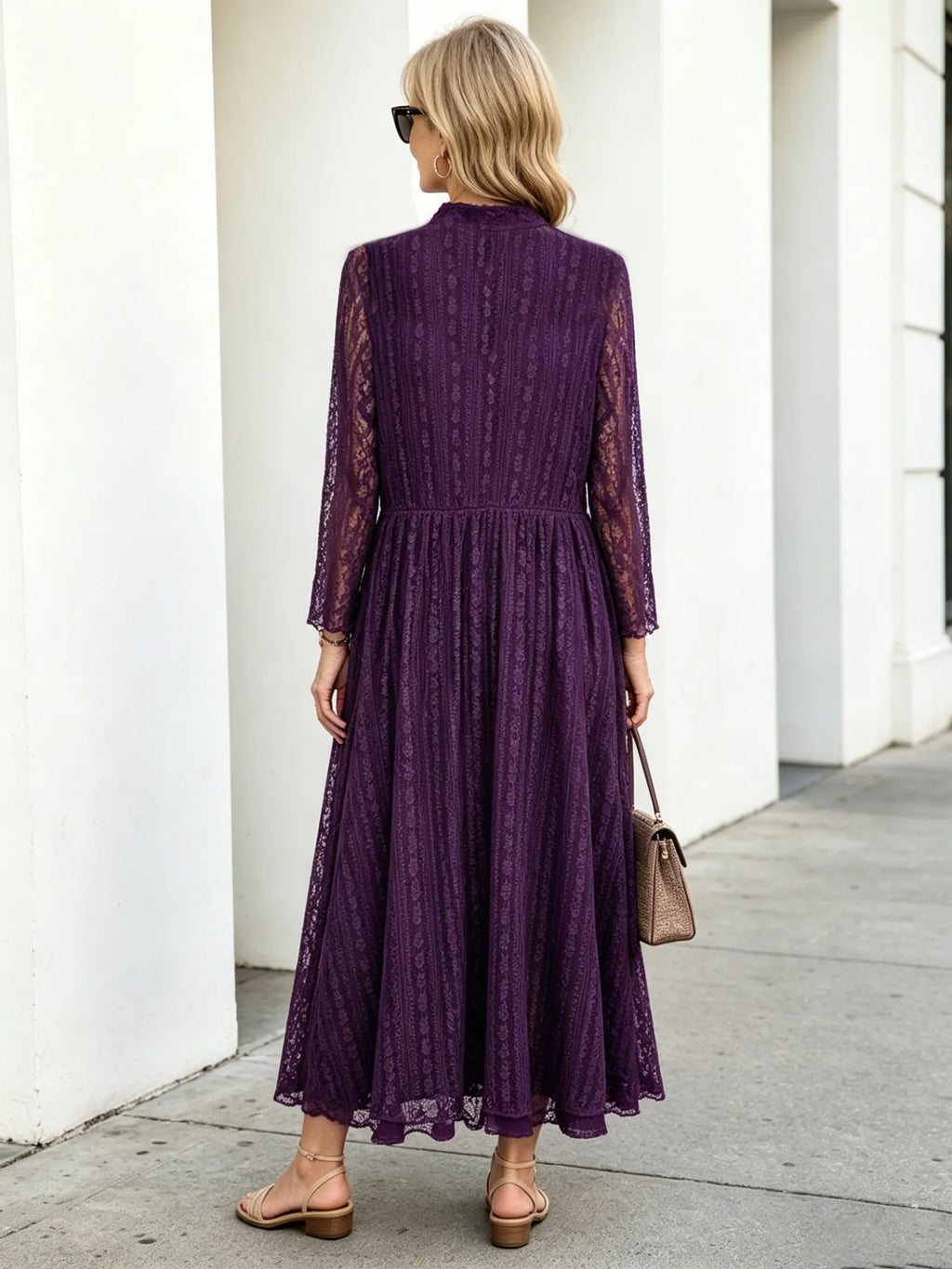 Purple Lace Midi Dress, Mock Neck Sheer 3/4 Sleeve Elastic Waist Slimming Swing Dress for Mature Women