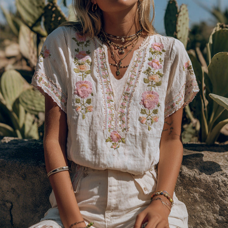 Women's Vintage Pink Floral Art Embroidery Linen T-shirt