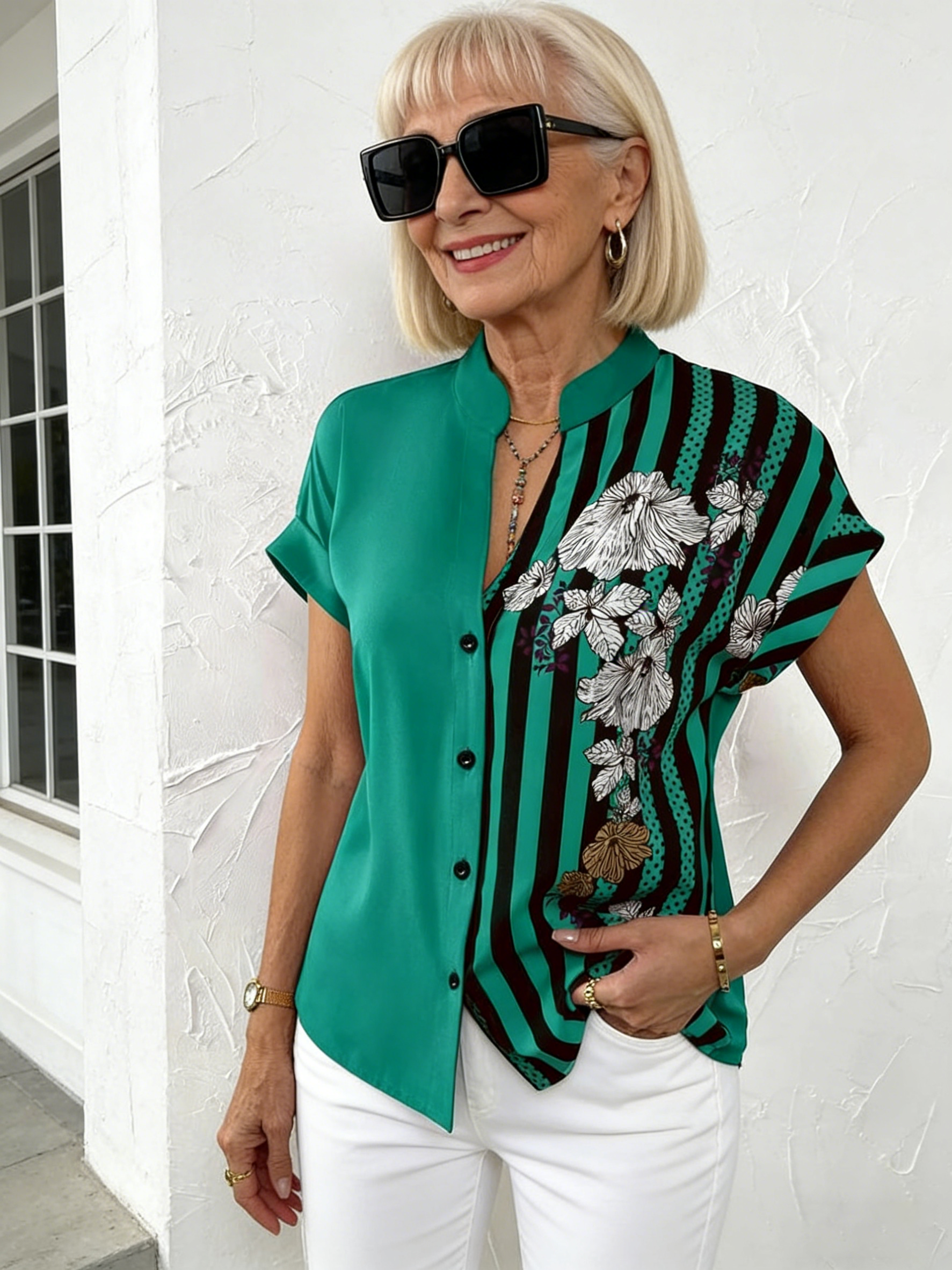 Double-spell Contrasting Floral Button-up Cardigan Short-sleeved Shirt