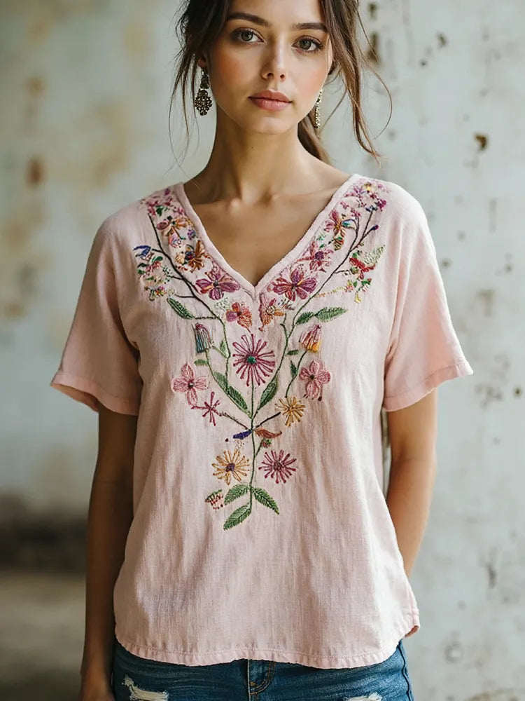 Women's Floral Embroidery Art Casual Linen Top