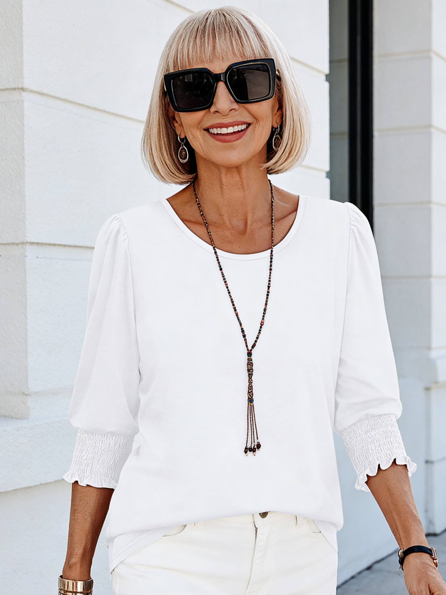Seven-quarter-sleeved V-neck Printed Loose Casual T-shirt Top